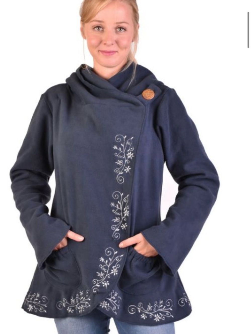 Navy Floral Embroidered Teddy Jacket
